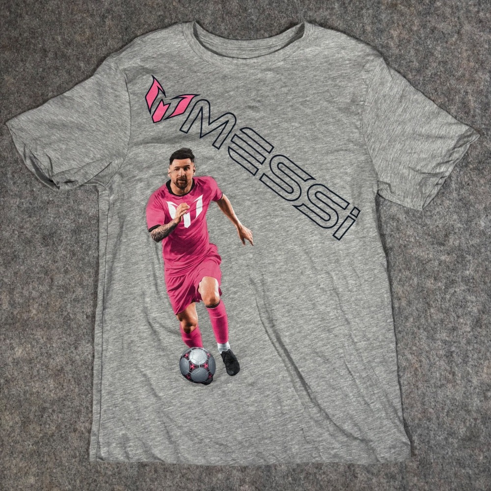 Messi Graphic T-Shirt Kids XL Gray Pink Soccer Inter Miami Football Fan Tee